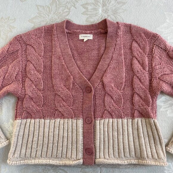 Promesa Pink and Cream Colorblock Cable Knit Sweater Cardigan - Picture 2 of 16